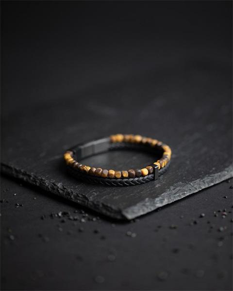 Doppelarmband mit schwarzem italienischem Leder und 4 mm Tigerauge-Stein - Double Tiger